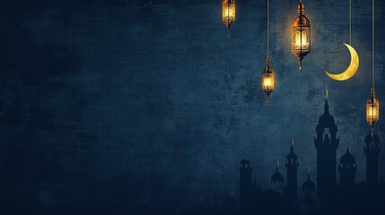 Eid Mubarak and Ramadan Kareem greetings with Islamic lanterns, mosque silhouette background, dark blue theme, copy space concept. Horizontal banner. 