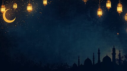 Eid Mubarak and Ramadan Kareem greetings with Islamic lanterns, a mosque in the background against a night sky. Horizontal banner for social media posts. Copy space for text.