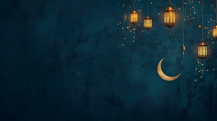 Eid Mubarak and Ramadan Kareem greetings with Islamic lanterns, crescent moon for Eid day background with copy space.Horizontal banner for social media posts. Copy space for text.