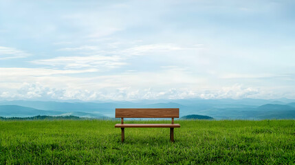 Wooden Bench On Grassy Hillside With Mountain View