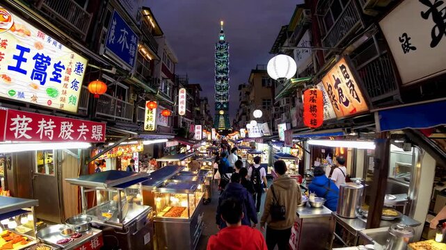 Vibrant street market video scene at eye-level angle, showcasing bustling stalls and neon signs, capturing urban nightlife energy and culture.