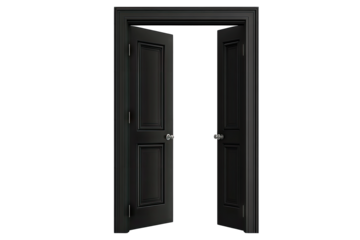 a pair of open black doors showcasing a minimalist design against a white background symbolizing opportunity and choice
