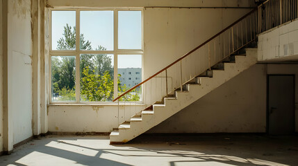 Obraz premium Abandoned Building Interior With Sunlit Stairs And Window View