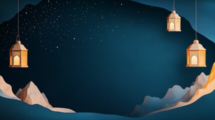  Ramadan background with lanterns hanging from the top right corner, an indigo blue night sky, mountains. Horizontal banner for social media posts. Copy space for text.