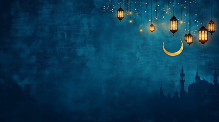 Eid Mubarak and Ramadan Kareem greetings with Islamic lanterns, mosque, and crescent moon for the Eid day festival background, in a blue theme. Horizontal banner for social media posts. Copy space. 