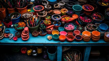 Obraz premium Colorful Crafts Display On Wooden Table