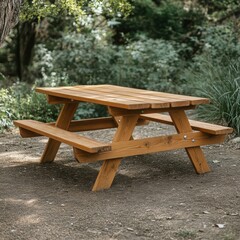 Wooden picnic table set on ground with trees and bushes behind it