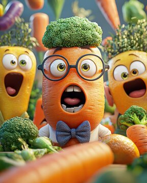 Whimsical fruit and veggie characters cartoon illustration