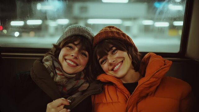  Candid shot of two women, a lesbian couple, seated together in transportation, taking a playful photo while on the move, celebrating love and diversity in a joyful moment