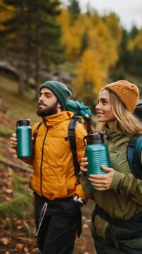 close-up of friends hiking on a nature trail, enjoying scenic views and camaraderie in sustainable outdoor adventure