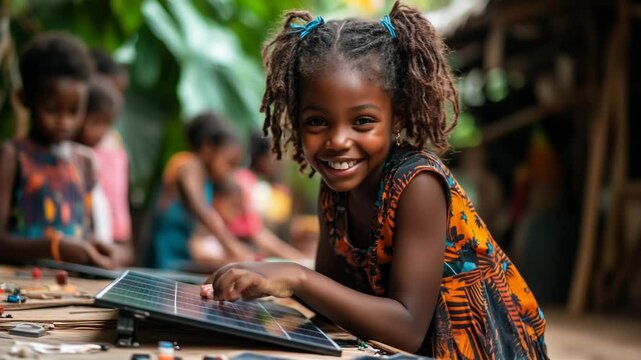 close-up of young African American girl assembling small solar powered device, innovative eco-friendly technology for a sustainable future