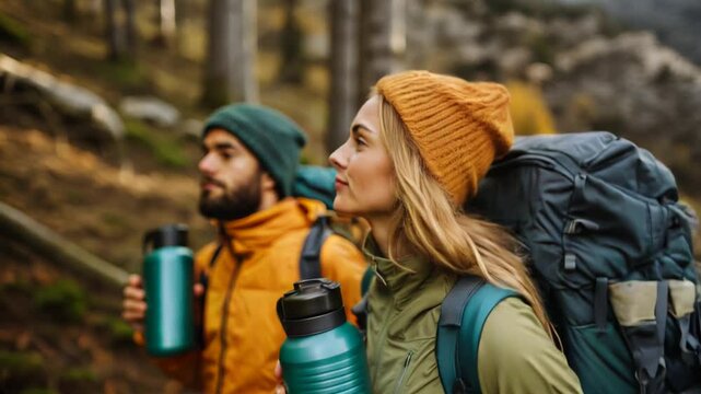 close-up of friends hiking on a nature trail, enjoying scenic views and camaraderie in sustainable outdoor adventure