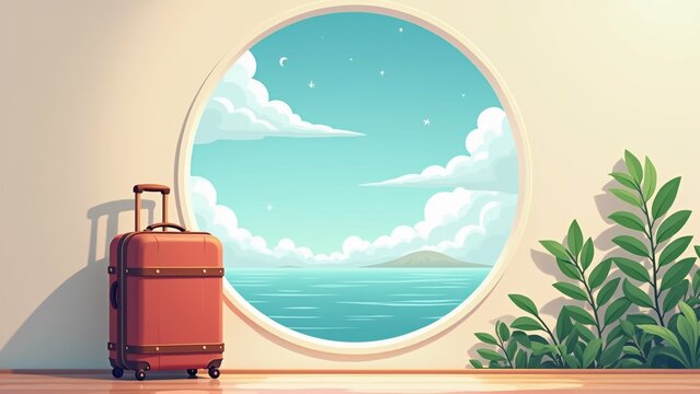 Fototapeta illustration room round window offers beautiful view ocean window framed white wall has wooden floor through window see blue sky white clouds small island distance ocean deep blue color small waves