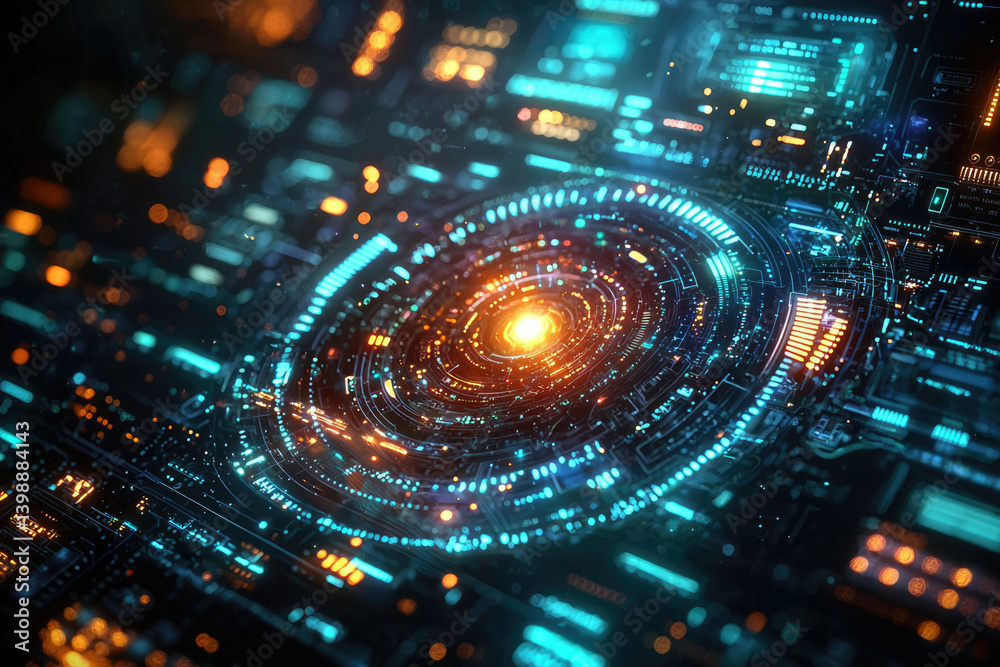 Poster abstract digital artwork depicting a futuristic, glowing circular interface with vibrant orange and 