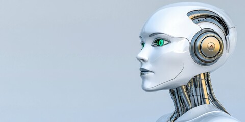 A robot with a green eye and gold earrings. The robot is wearing headphones. The robot is looking at the camera