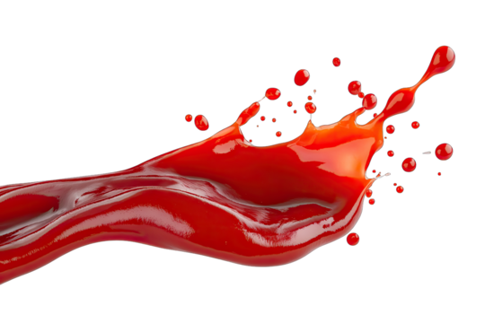 a dynamic splash of red sauce resembling ketchup showcasing its smooth texture and vibrant color against a white background. essence of condiment excitement