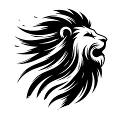 Lion head silhouette with flowing mane in black and white style  