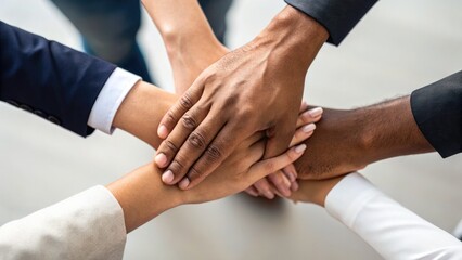 Diverse hands united in teamwork and collaboration.