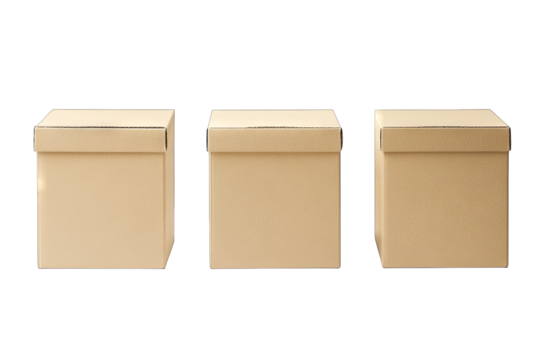 three identical closed cardboard boxes arranged in a row against a white background suggesting packaging storage or shipping purposes