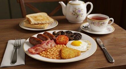 a hearty full English breakfast Include crispy bacon, golden sausages, grilled tomatoes, baked beans, mushrooms, hash browns, and a sunny-side-up egg on a large white plate 