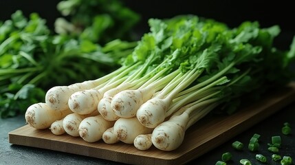 Fresh Parsnips with Greens on Wooden Board