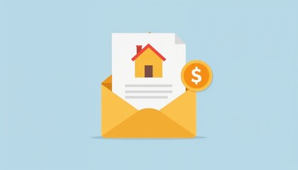 Illustration of house purchase contract inside yellow envelope with dollar symbol on blue background for real estate deal