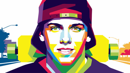 Cool skateboarder portrait with city vibe. Young man in cap exudes urban energy, contemporary pop art style. Concept: Youth culture, skateboarding lifestyle, urban fashion.
