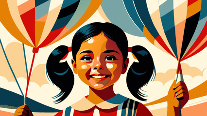 Colorful illustration of young girl holding balloons with cheerful expression. Concept: happiness, celebration, joy, childhood, vibrant, fun. Suitable for marketing, events, and entertainment.