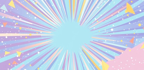 Flat illustration with a light blue and purple gradient background, featuring colorful sunburst lines, scattered yellow triangles
