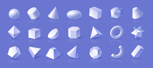 Collection of various geometric 3D shapes in glossy style with soft shadows on a plain blue background. Concept of geometry, mathematics, and design. Vector illustration