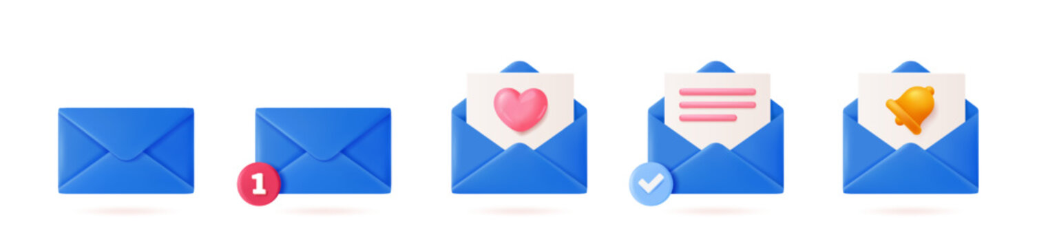Set of blue email envelope icons with symbols like heart, notification, and checkmark on white background. Concept of communication and messages. Soft 3d vector illustration