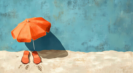 Minimalist Summer Escape
A serene minimalist beach scene featuring a bright orange umbrella and sandals resting on soft sand against a textured turquoise backdrop, evoking a peaceful, summer.