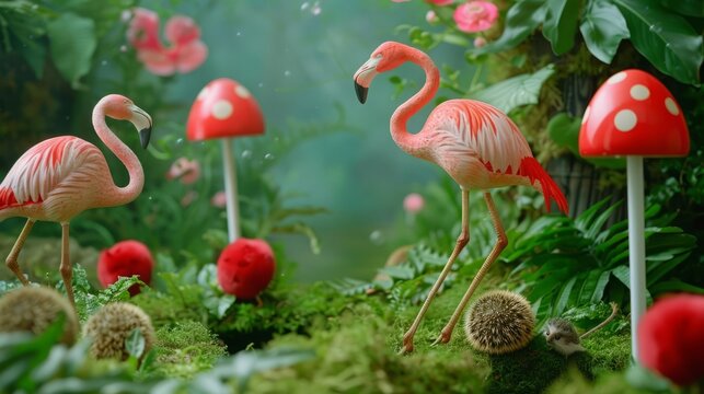 Depict a whimsical croquet game in Wonderland with flamingos as mallets and hedgehogs as balls, with Alice watching in amazement. 