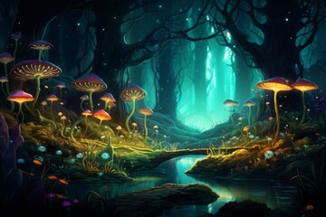 Enigmatic forest scene reminiscent of Wonderland, with surreal, abstract flora and uniquely styled characters, 