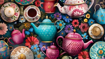 Focus on an up-close illustration of quirky teapots, mismatched cups, and spilled tea, evoking the chaotic charm of the Mad Hatter's party. 