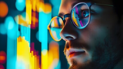 A thoughtful professional in glasses looking at financial data. The man's glasses reflect the colourful data patterns