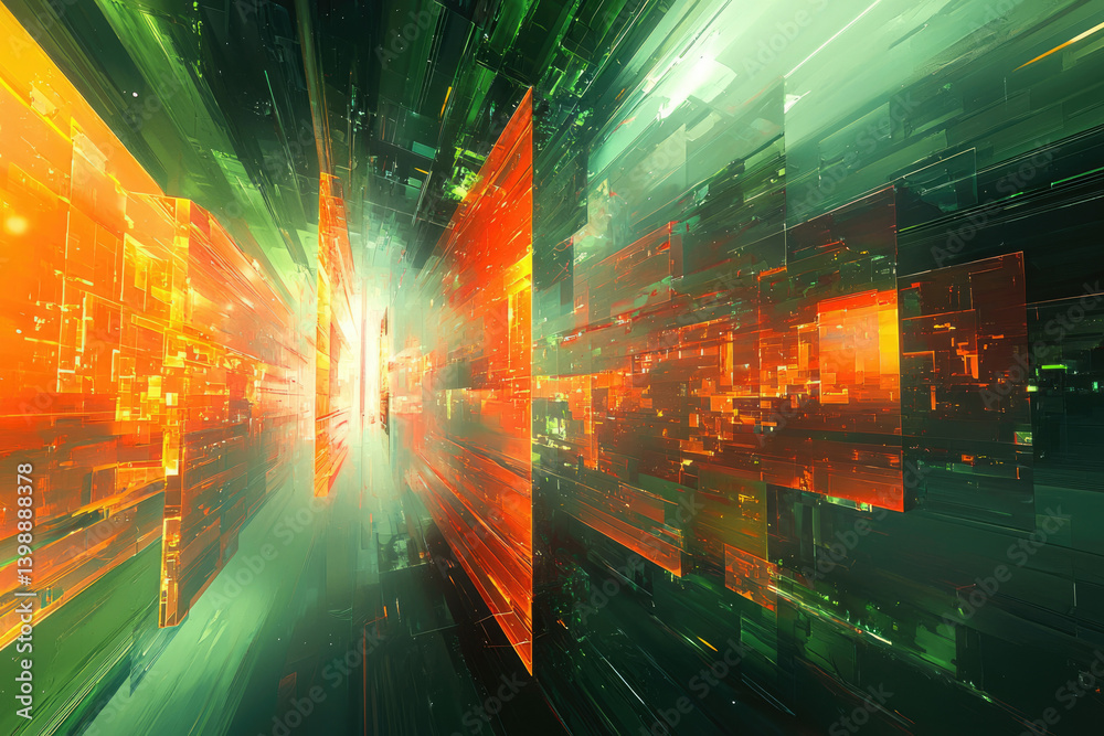 Poster Abstract digital art depicting a futuristic cityscape with vibrant orange and green glowing structures, creating a sense of depth and movement.