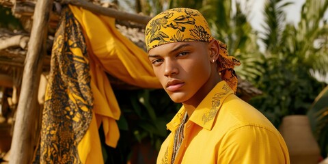 A man wearing a yellow shirt and a yellow bandana poses for the camera. The scene is set in a jungle, with a tent and a few potted plants in the background
