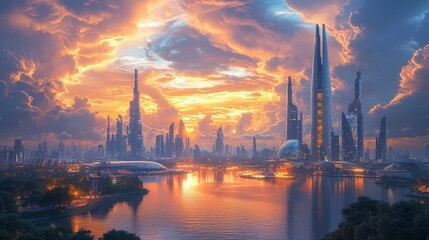 Naklejka premium Futuristic cityscape sunset reflection generative ai art