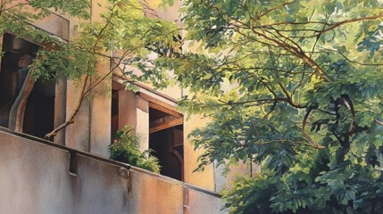 Secluded rustic wooden cabin overgrown with lush greenery