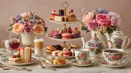 Luxurious high tea party elegant pastries & floral decor