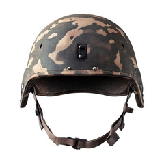 Fototapeta premium steel military helmet with camouflage, isolated, top view, photorealistic, no background