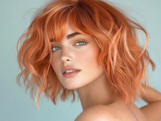 Naklejka premium Woman with red hair and green eyes is shown with a short, curly hairstyle. Concept of confidence and playfulness, as the woman's smile and the vibrant colors of her hair and eyes create a lively