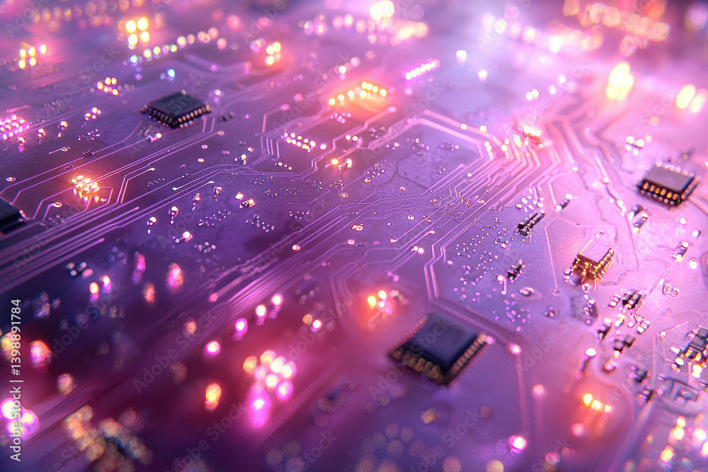Poster close-up of a circuit board with glowing components, showcasing intricate technological detail.