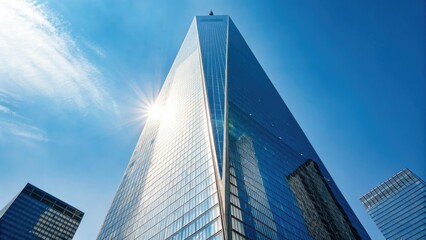 Fototapeta premium cityscape concept Modern skyscraper reflecting sunlight against a clear blue sky.
