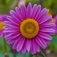 Obraz premium This image features a bright purple flower with wide, neat petals, surrounded by a striking yellow center. The smooth texture of the petals and the symmetrical shape add to the visual appeal