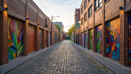 cityscape concept Urban alleyway lined with colorful murals and cobblestone pavement.