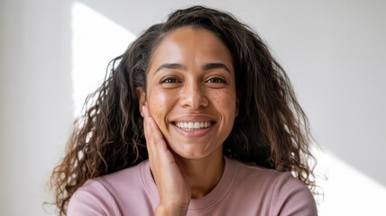 Smiling young woman with curly hair and freckles, exuding joy and positivity against a soft, bright background.