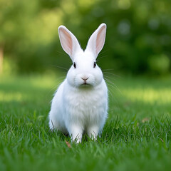 A white rabbit standing on a lush green lawn. The rabbit has long ears and appears to be looking dir