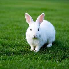 A white rabbit standing on a lush green lawn. The rabbit has long ears and appears to be looking dire